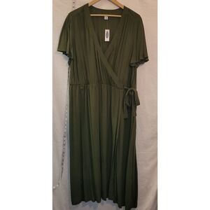 New Old Navy Plus Faux Wrap Maxi Dress 2X Forest Green Elastic‎ Waist S-Slv NWT